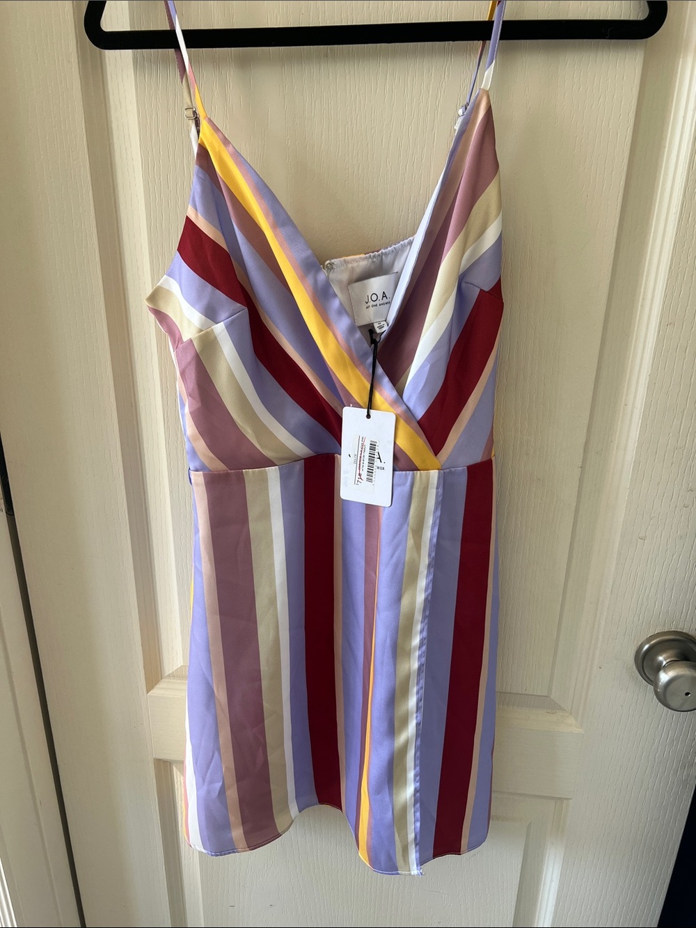 J.O.A. Striped Satin Slip Dress in Lavender, gold, cream, rust